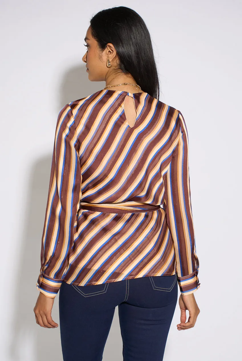 Gini London Diagonal Stripe Camicia Lurex Marrone con Cintura