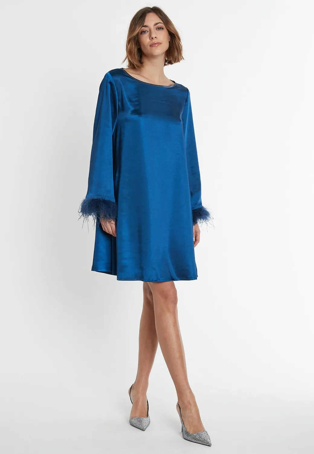 Ana Alcazar Siba abito cocktail raso blu piume