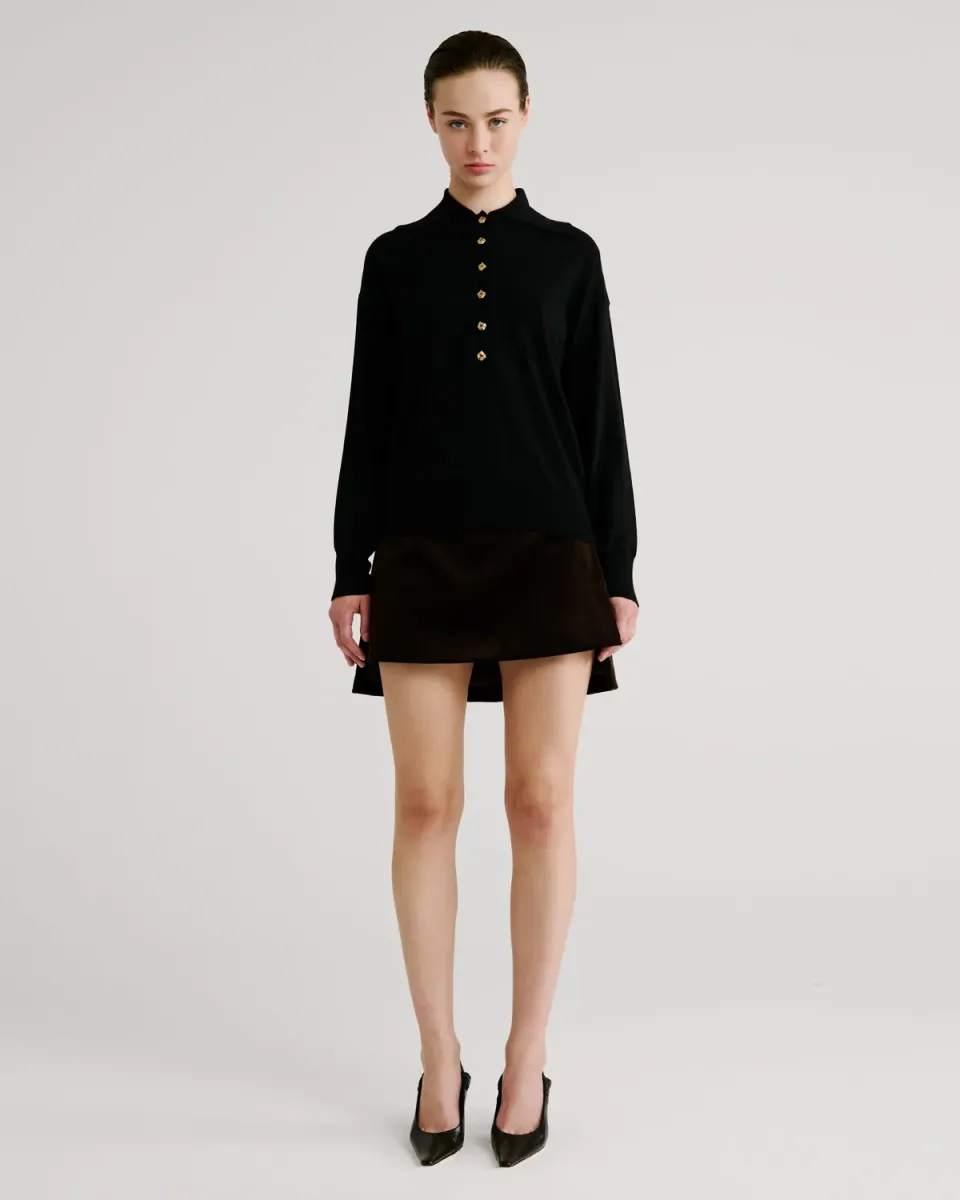 Violante Nessi Ansel polo nero cashmere cotone bottoni