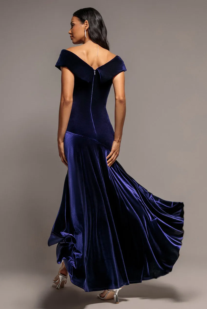 Goddiva Velvet Off Shoulder abito maxi indigo velluto