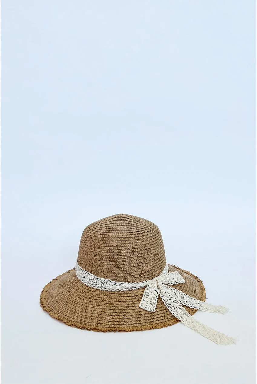 SVNX Lace Ribbon Straw cappello paglia marrone nastro pizzo
