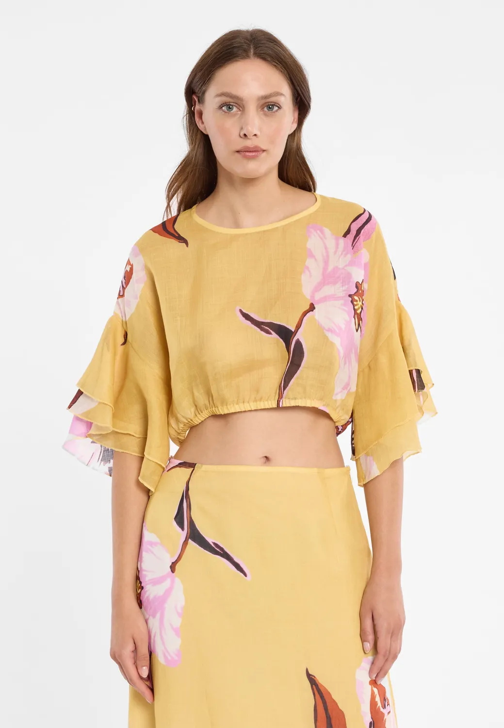 Ana Alcazar Dorexom top corto lino fiori giallo