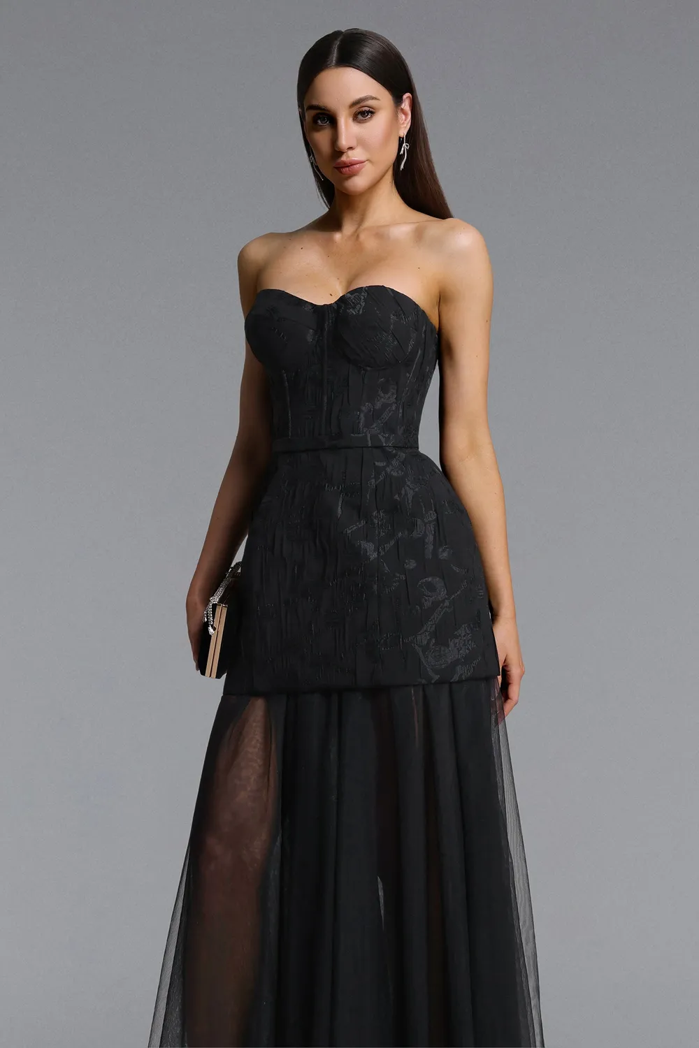 Bella Barnett Margo abito maxi nero jacquard monospalla