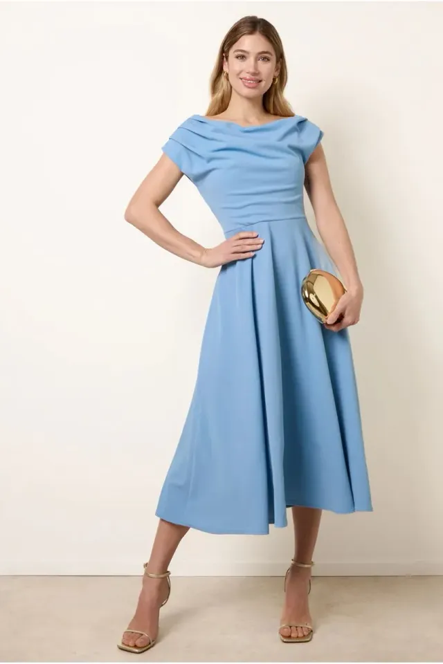 Blue Vanilla skater abito midi azzurro spalle scoperte