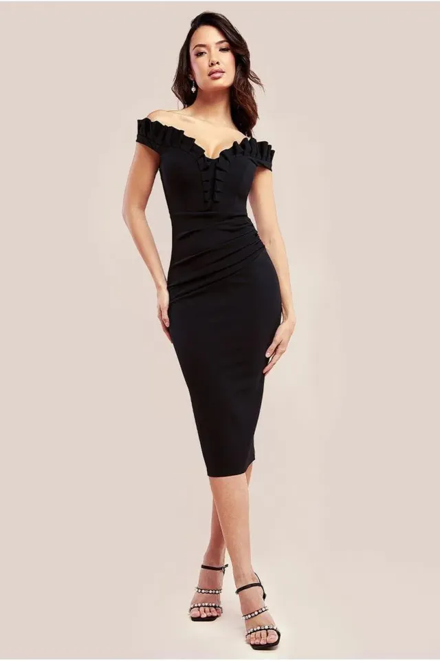 Goddiva Off Shoulder abito midi nero volant bodycon
