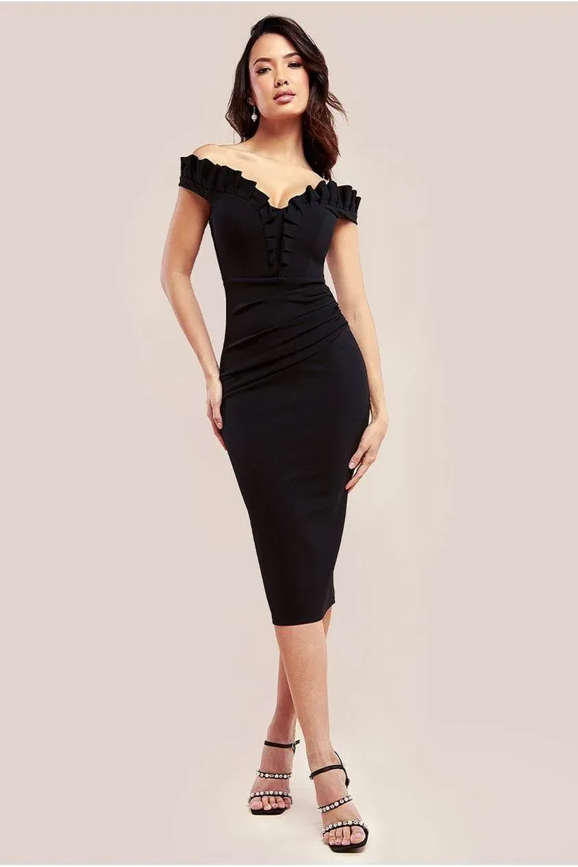 Goddiva Off Shoulder abito midi nero volant bodycon