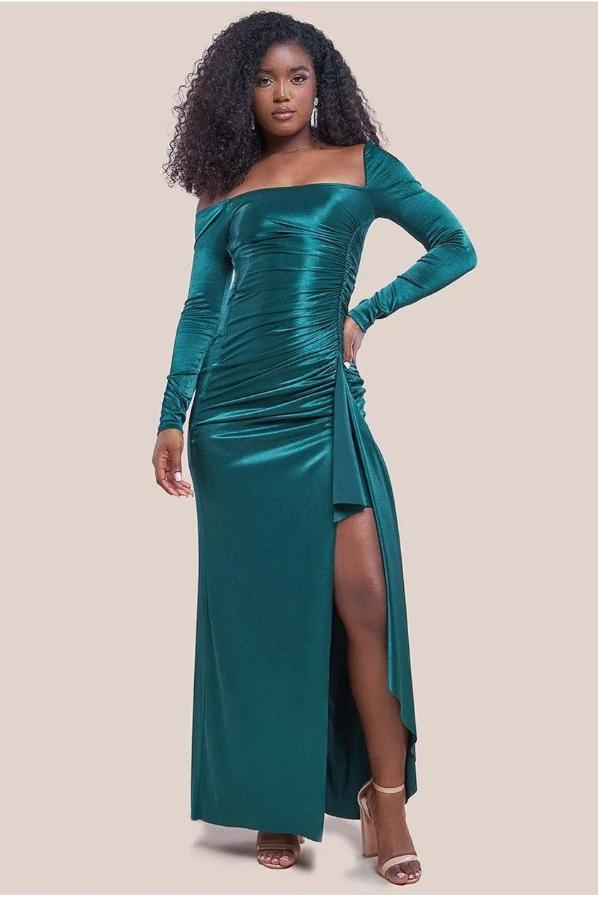 Goddiva Slinky Satin Monospalla Abito Lungo Verde Smeraldo satin
