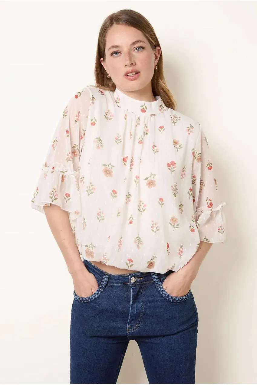 Blue Vanilla High Neck Frill camicetta crema S/M floreale