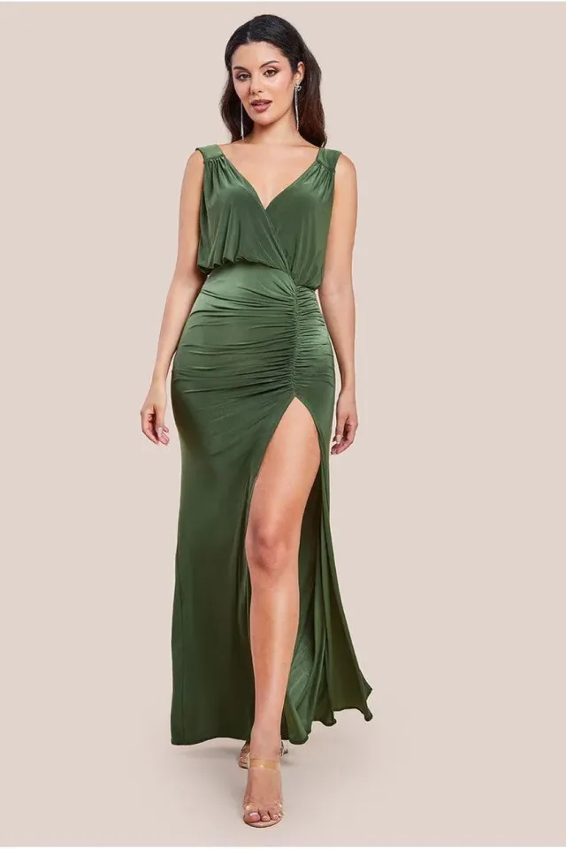 Goddiva Front Wrap abito lungo verde oliva incrocio