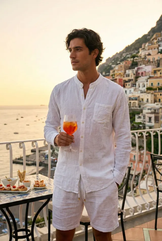 Antica Sartoria FC311 camicia coreana blu lino cotone