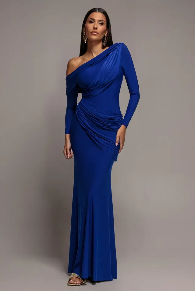 Goddiva Off Shoulder Soft Touch abito lungo blu royal sirena