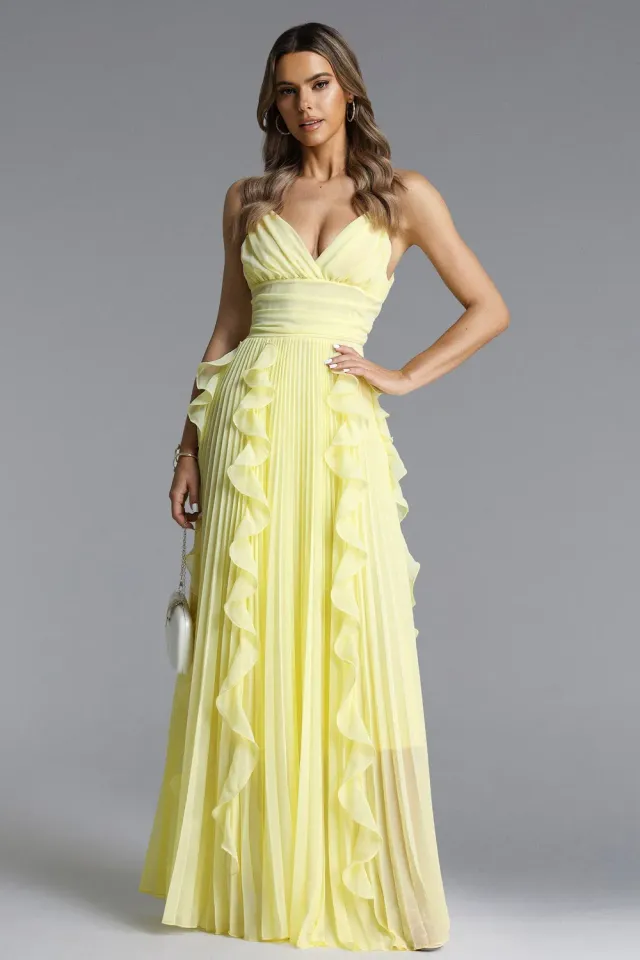Bella Barnett Viky abito maxi giallo plissettato balze