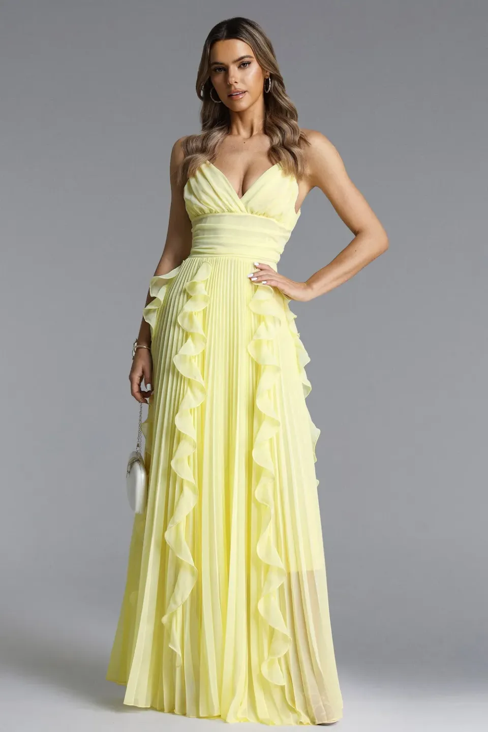 Bella Barnett Viky abito maxi giallo plissettato balze
