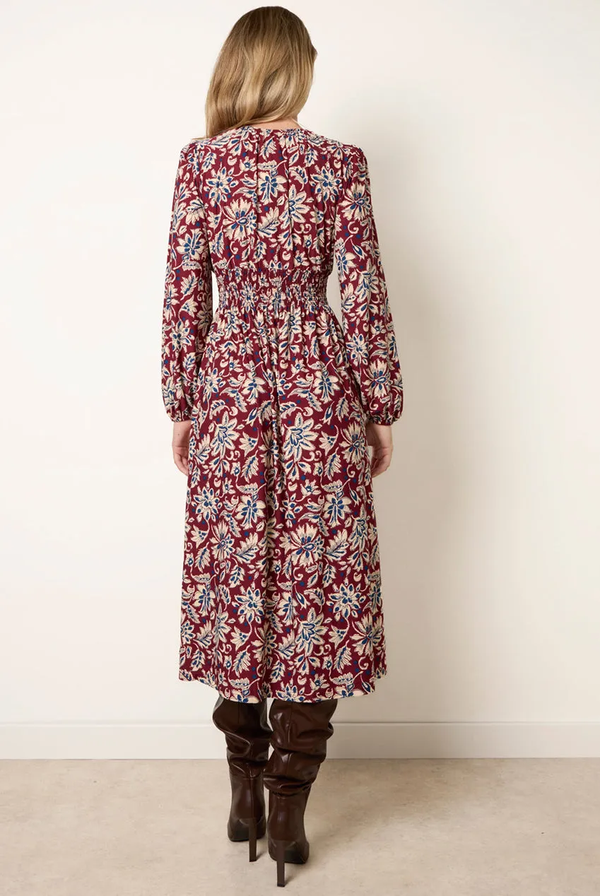 Blue Vanilla V Neck Elasticated abito midi bordeaux floreale
