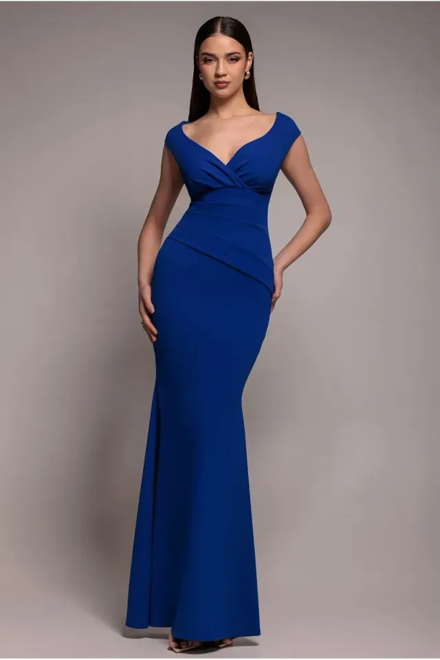 Goddiva Bardot abito maxi blu royal plissé