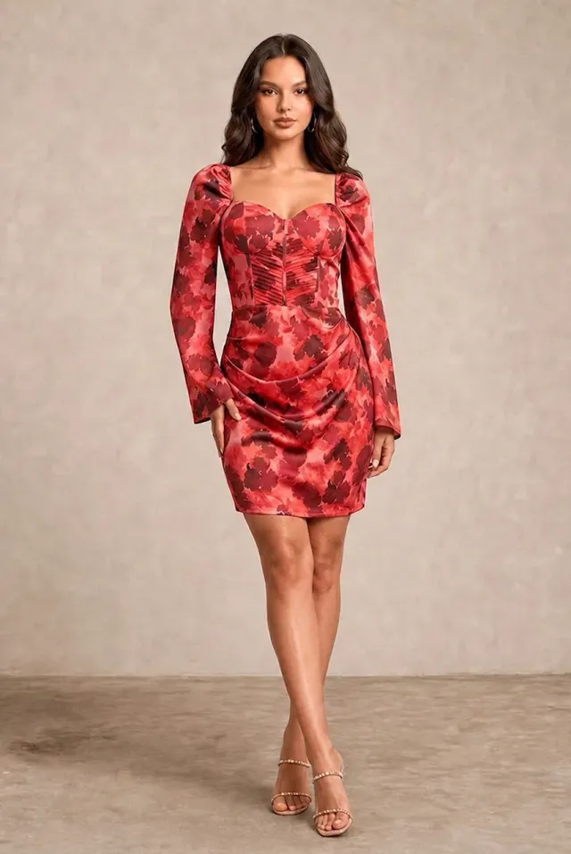 Chi Chi London abito mini rosso floreale maniche lunghe