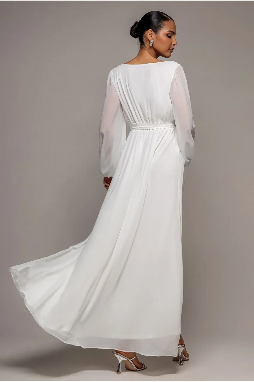 Goddiva Chiffon abito maxi bianco spacco maniche lunghe