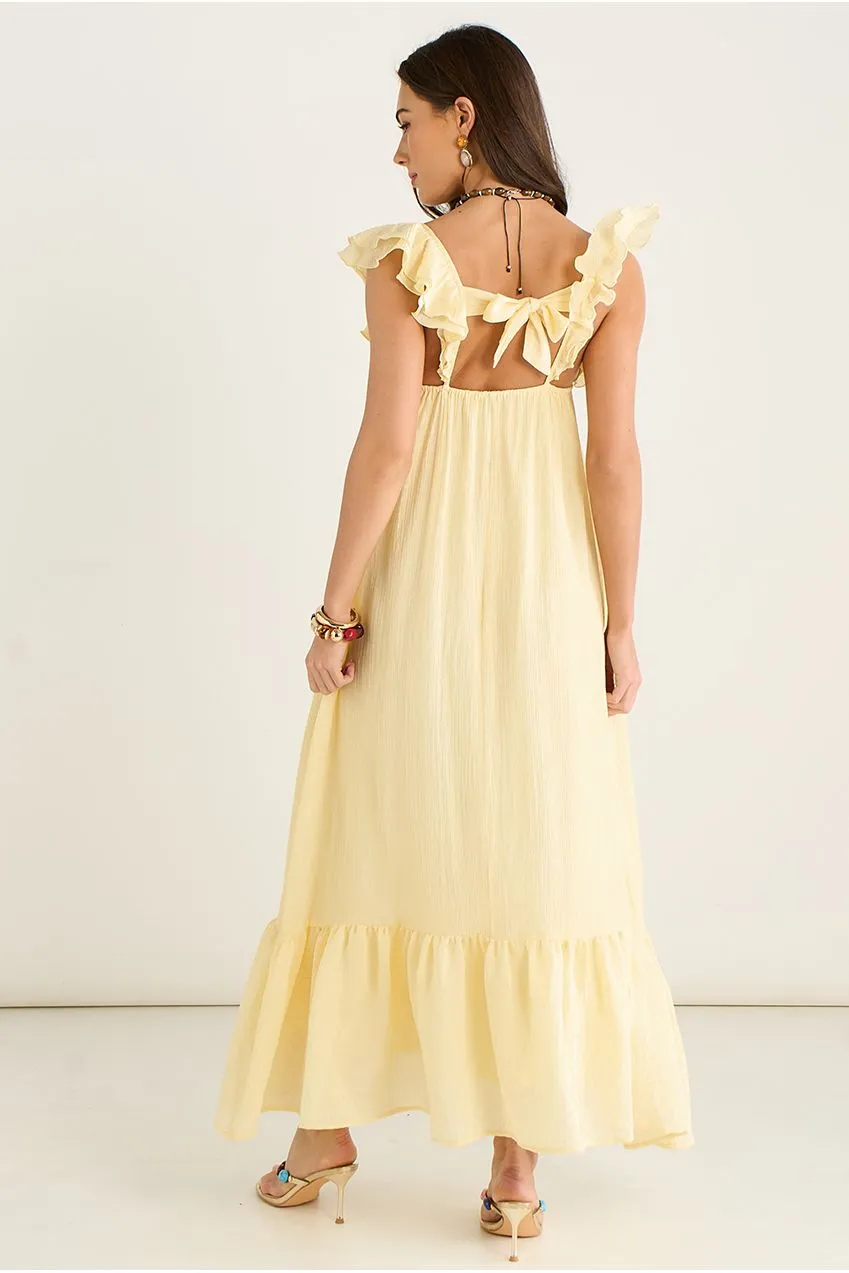 Gini London Ruffle abito maxi limone viscosa volant