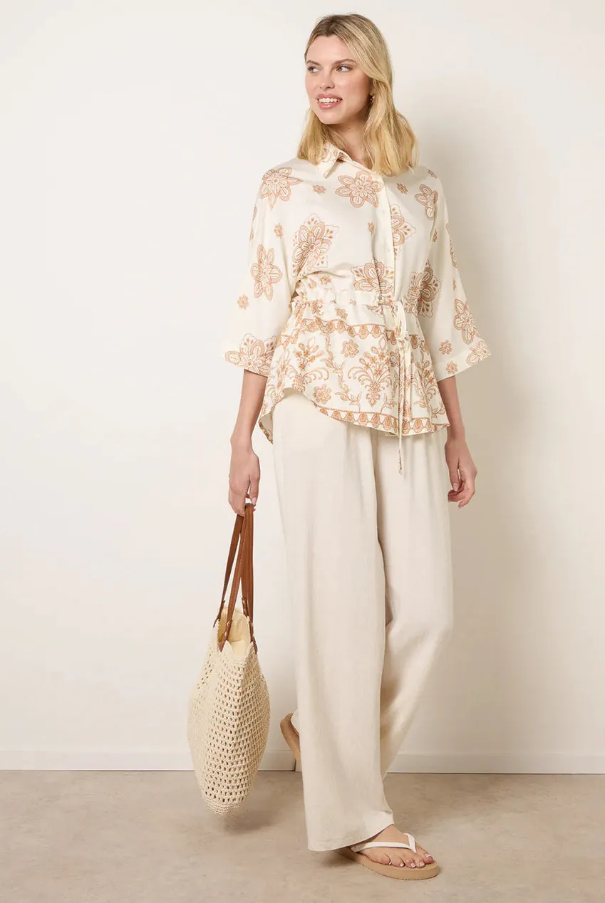 Blue Vanilla Tie Waist camicia floreale beige manica corta