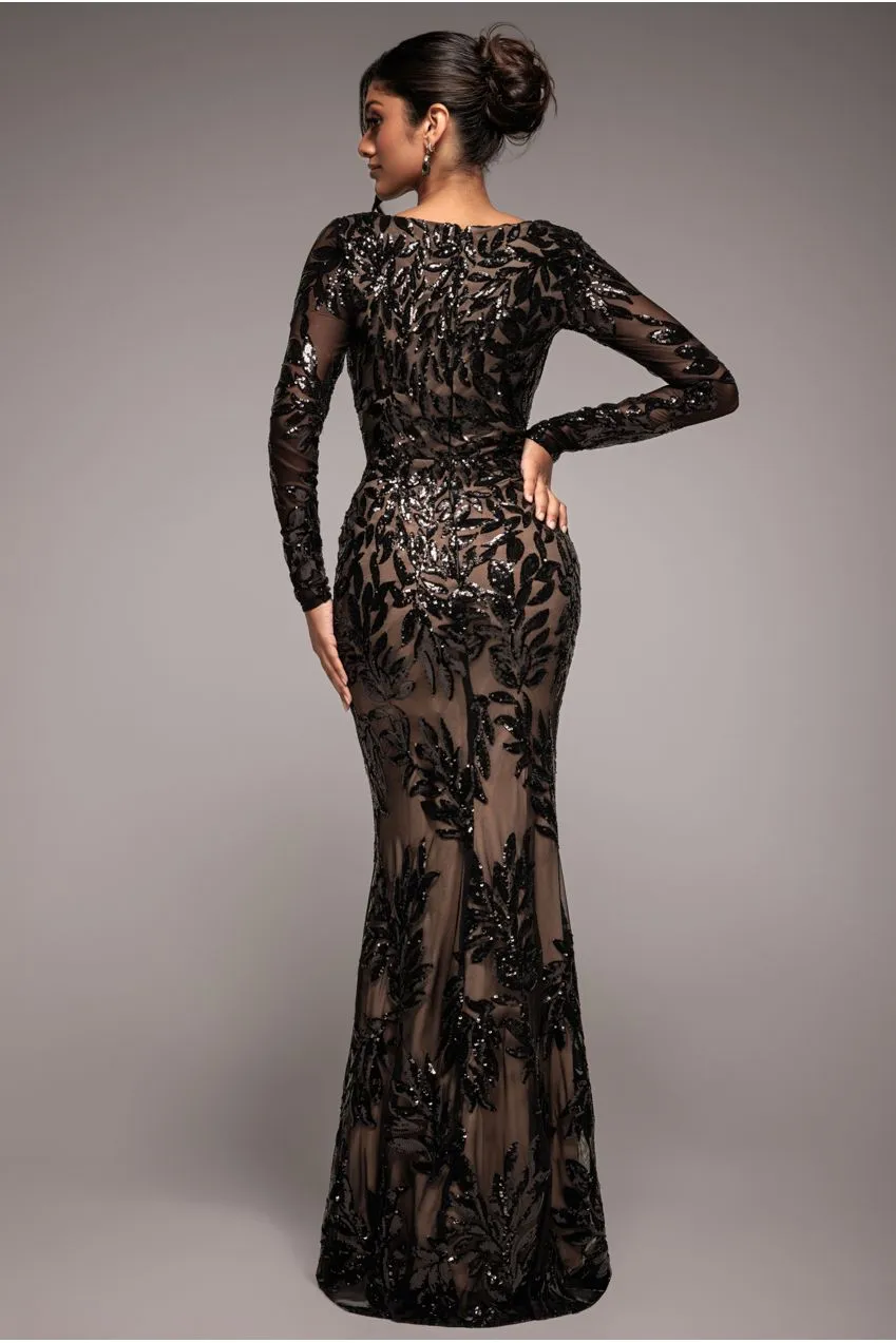 Goddiva Sequin Leaf Long Sleeve abito lungo nero paillettes foglie