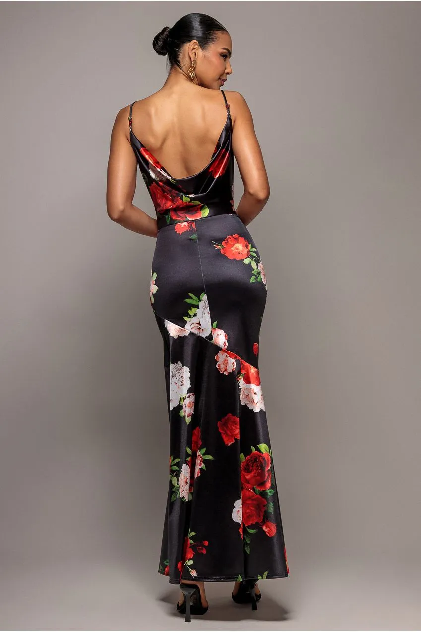 Goddiva Floral Satin Cowl abito lungo nero satin fiori scollo drappeggiato