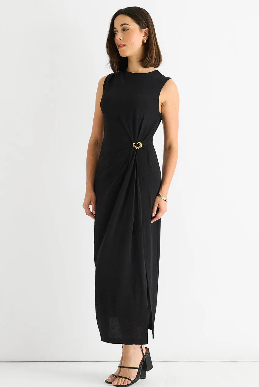 Gini London Waist Ruched Metal Trim abito midi nero