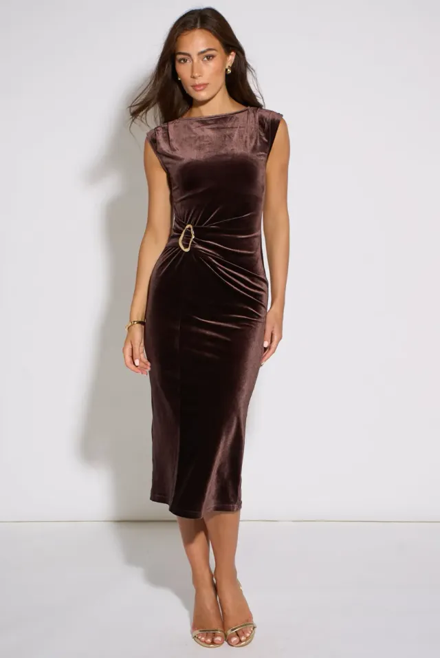 Gini London abito midi marrone velluto bodycon hardware