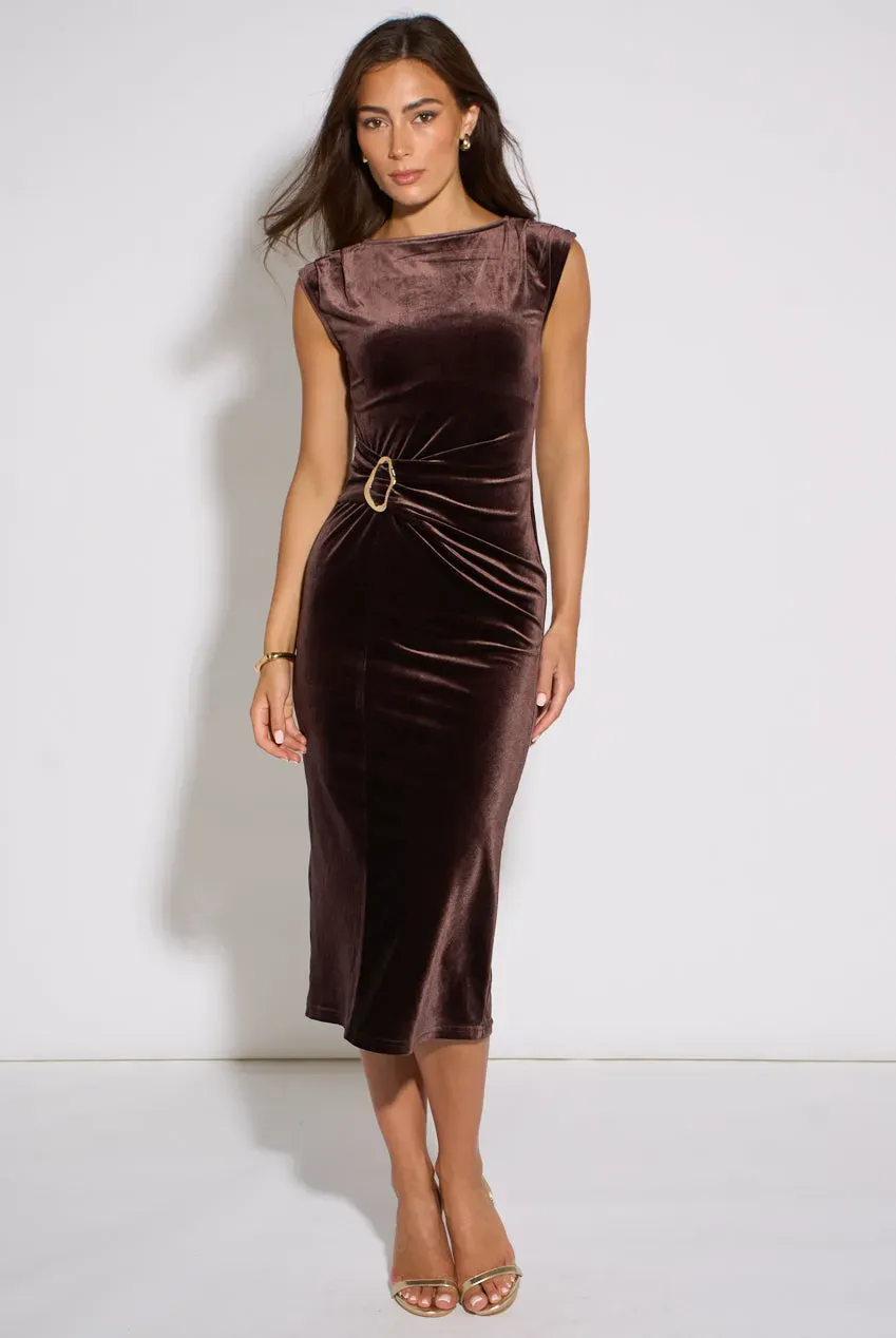 Gini London abito midi marrone velluto bodycon hardware