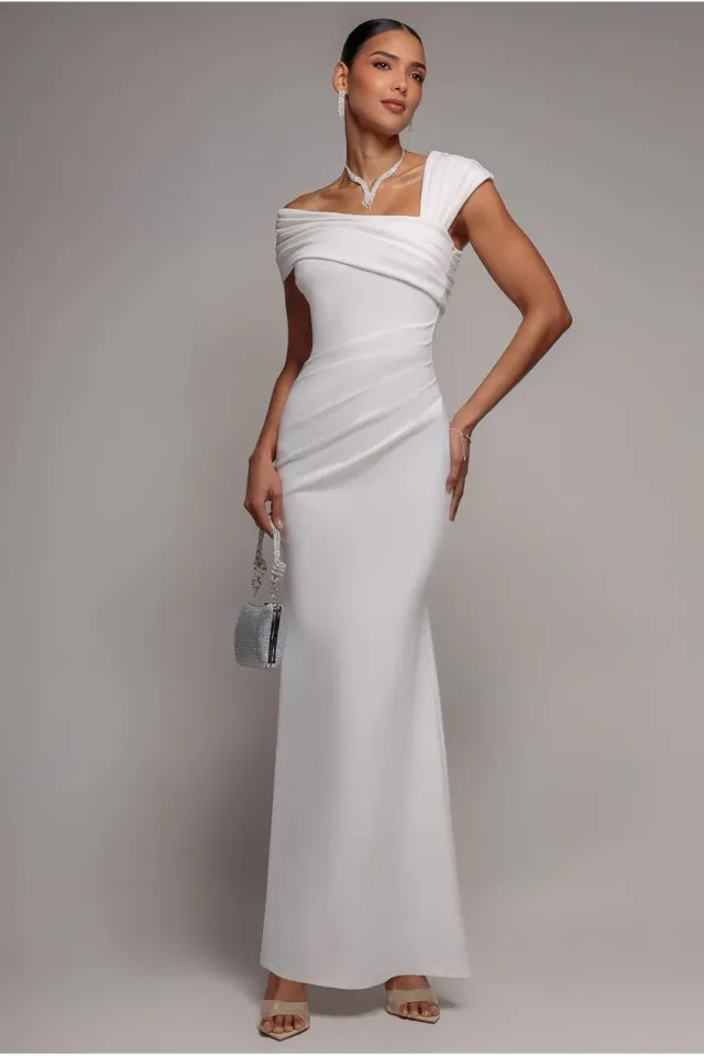 Goddiva One Shoulder abito maxi bianco scuba cerimonia