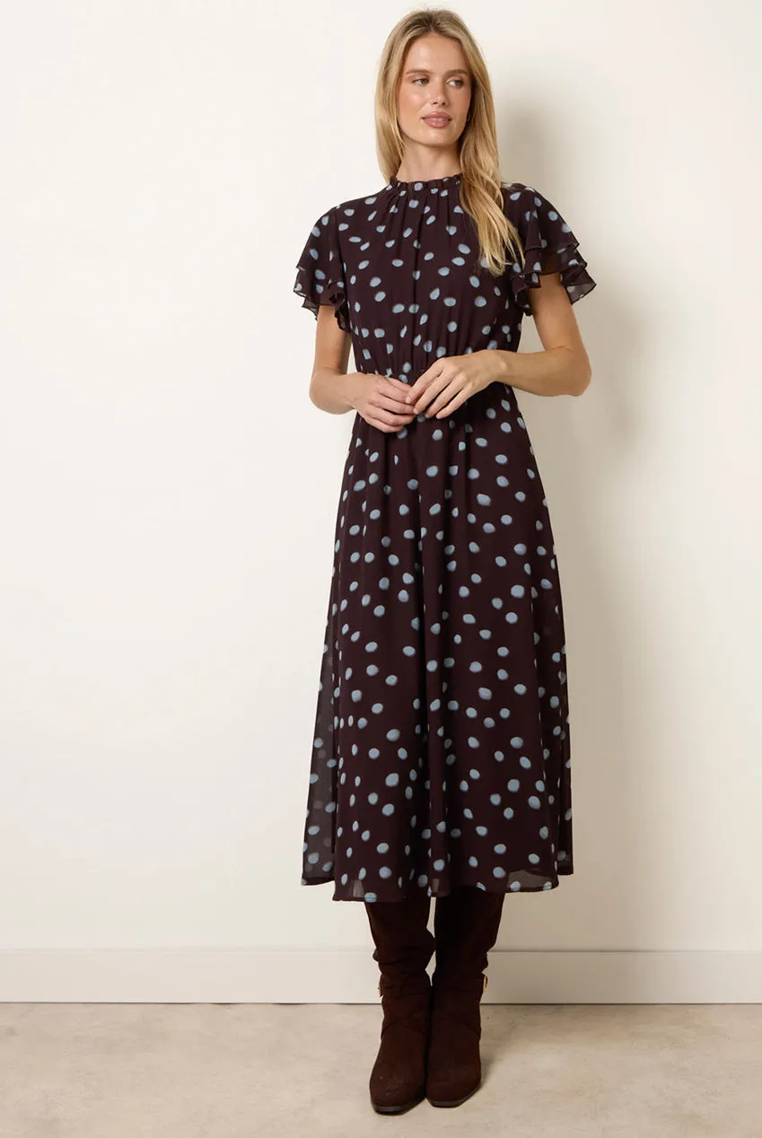 Blue Vanilla Polka Dot Frill Neck abito midi cioccolato pois