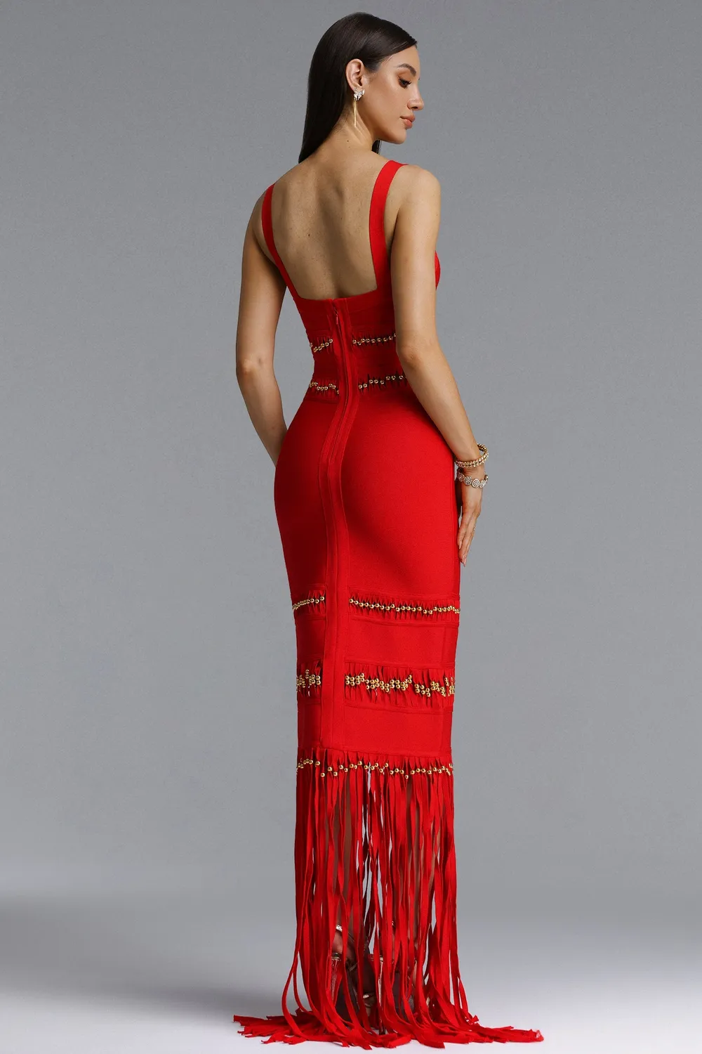 Bella Barnett Shanley abito maxi rosso frange