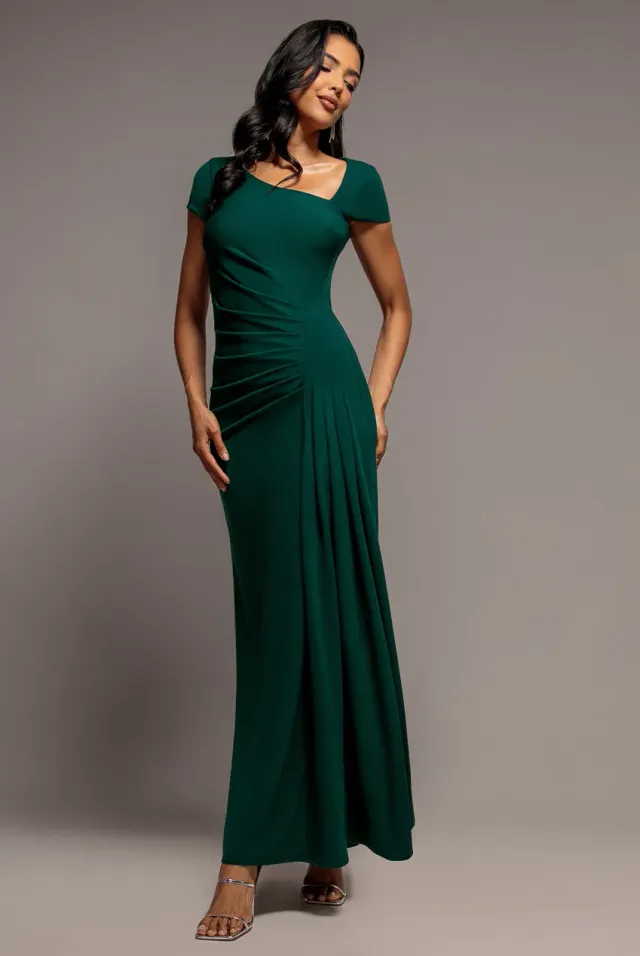 Goddiva Cap Sleeve Pleated abito lungo verde smeraldo scuba