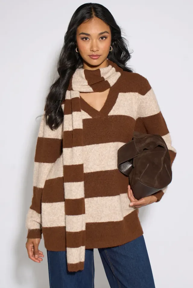 Gini London Brown Stripe V Neck Scarf maglione marrone a righe