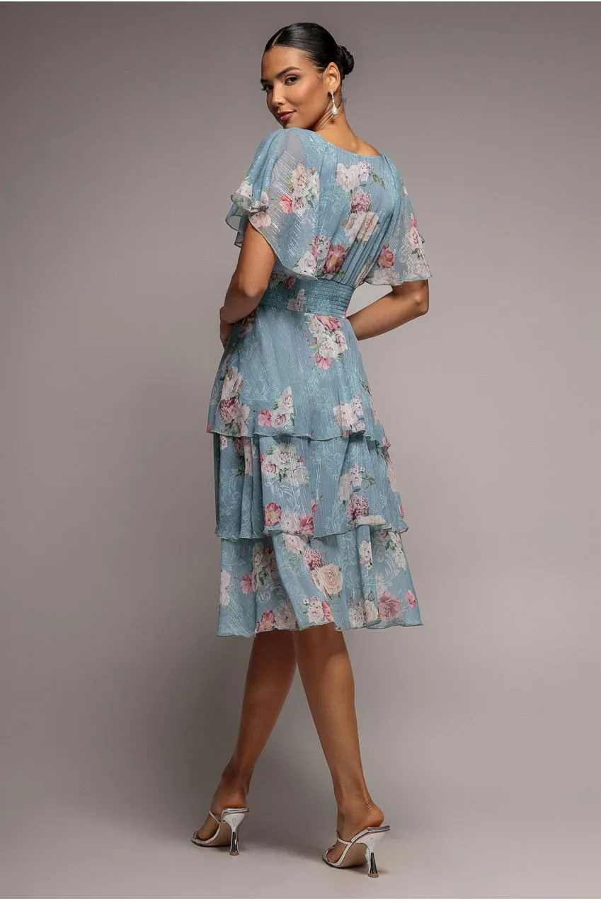 Goddiva Layered Floral Midi Abito Chiffon Blu Aviazione