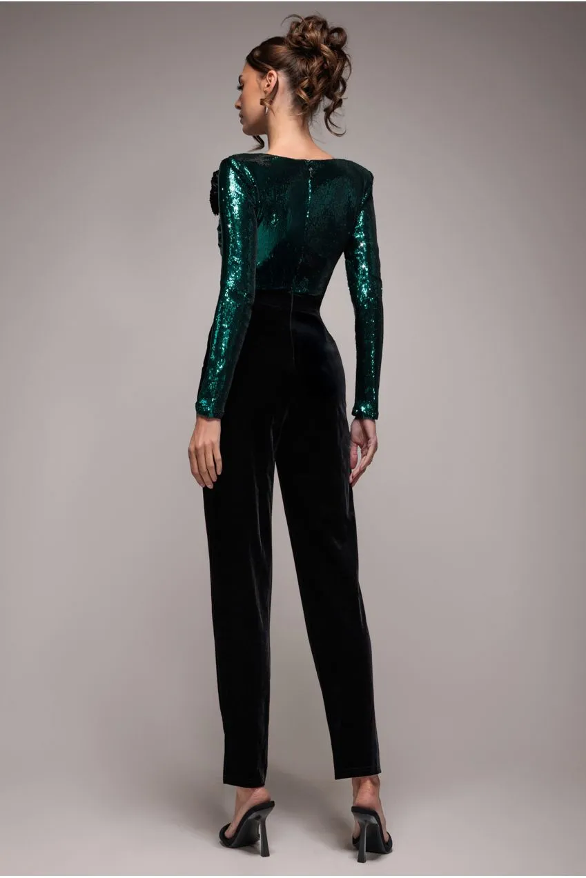 Goddiva Liquid Sequin Tuta Verde Smeraldo Scollo V