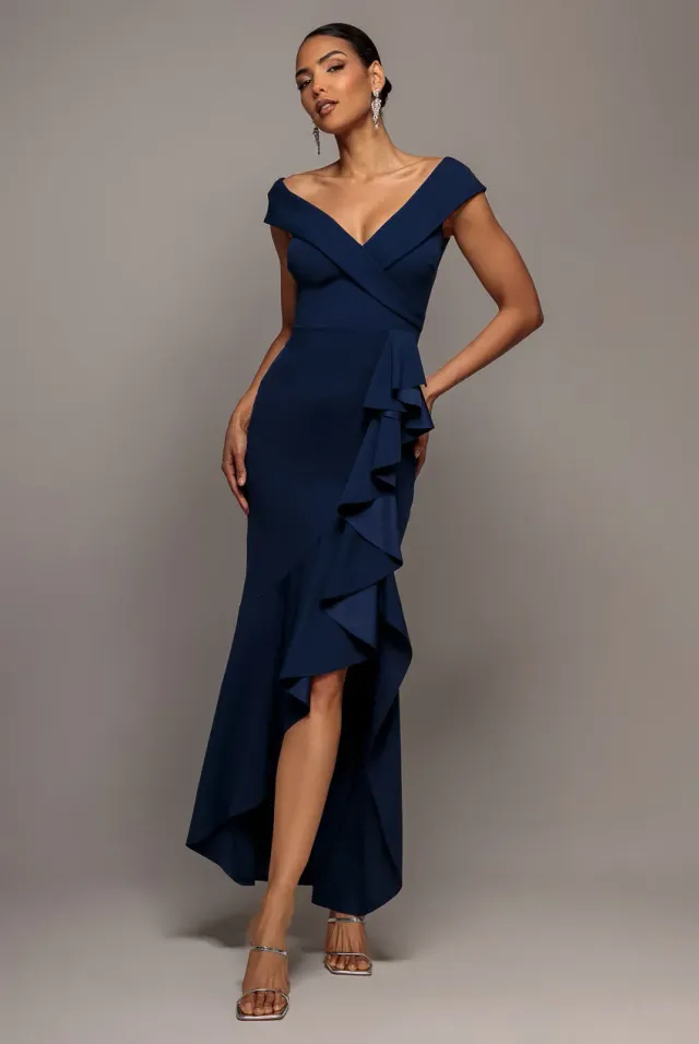 Goddiva Off Shoulder Waterfall abito lungo navy blu scuba