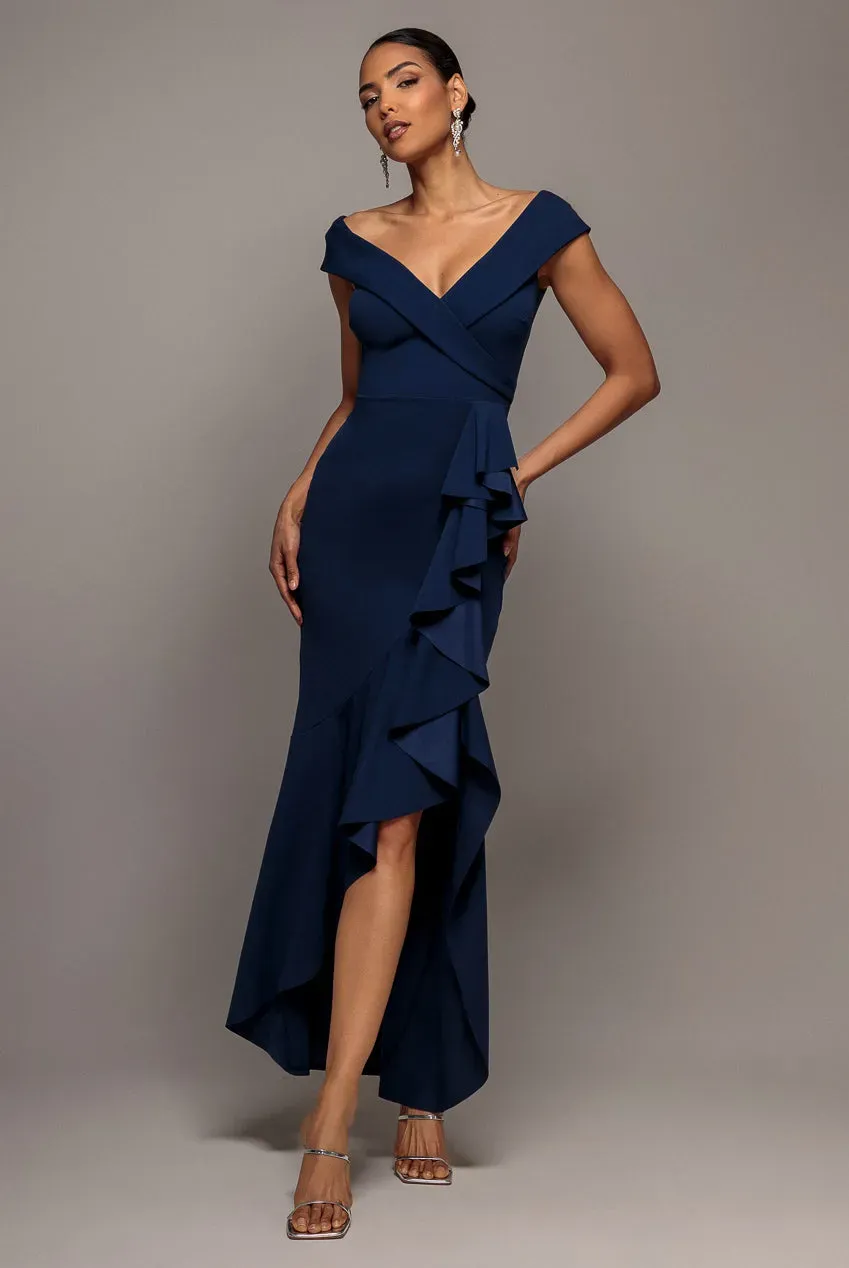 Goddiva Off Shoulder Waterfall abito lungo navy blu scuba
