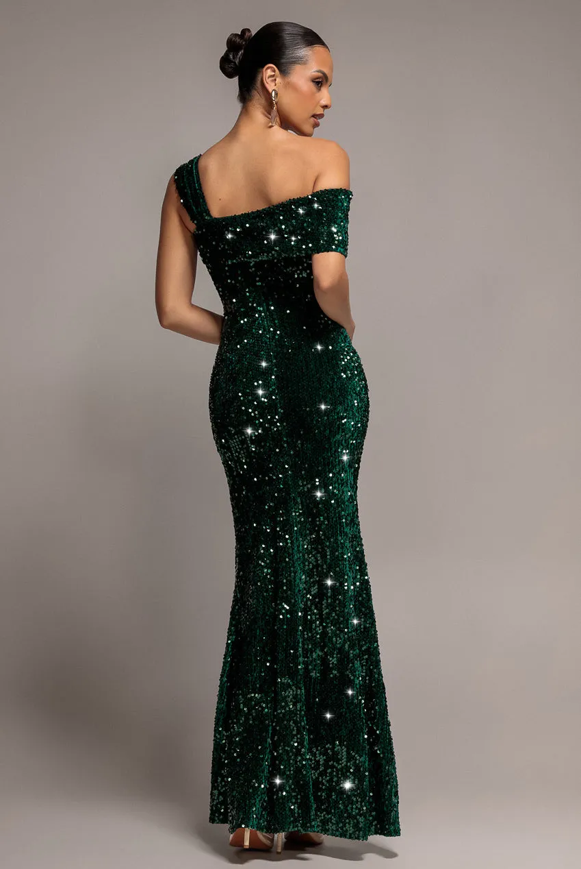 Goddiva Asymmetric Off Shoulder Pleated Waist abito maxi verde