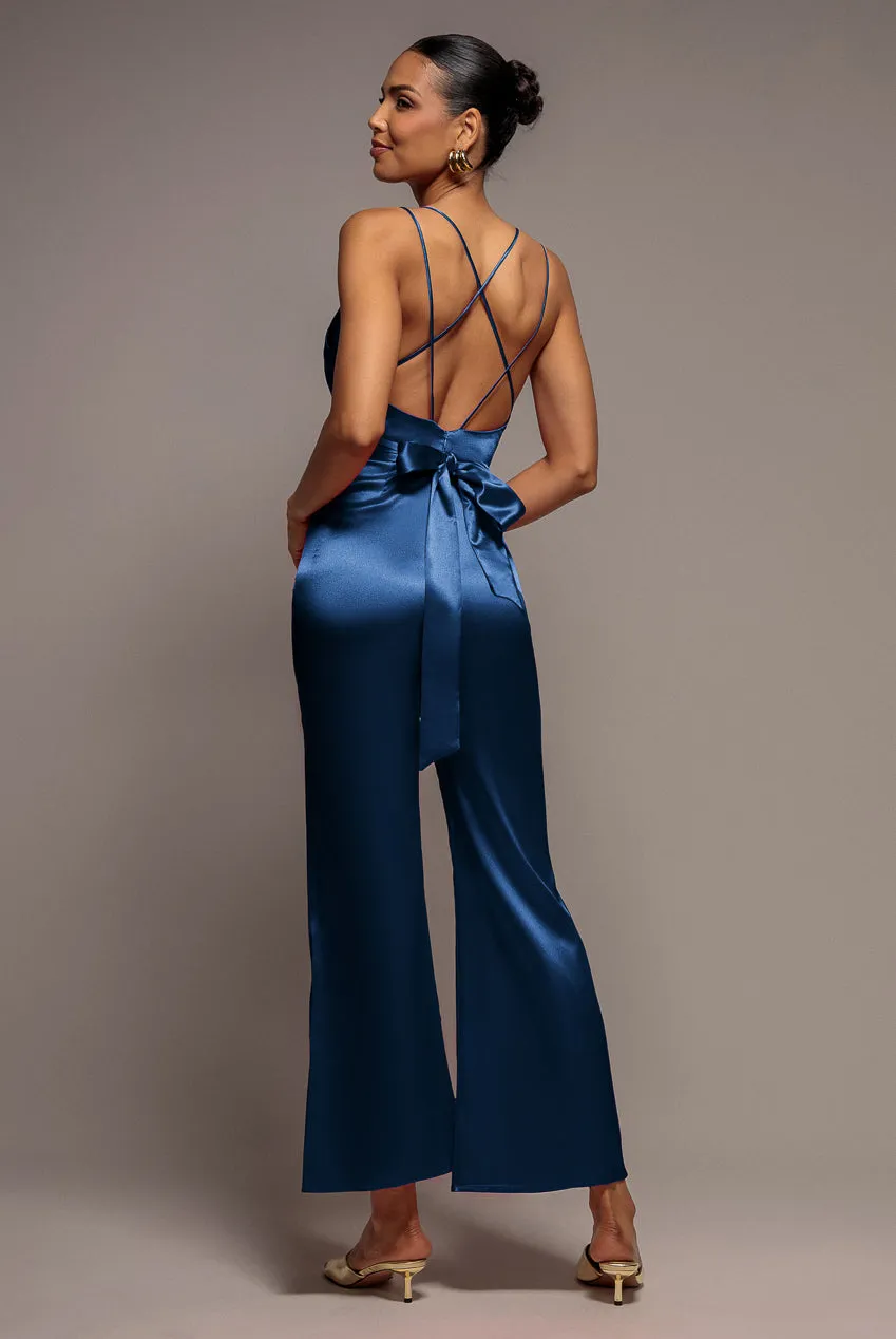 Goddiva Satin Cowl Neck jumpsuit raso blu navy
