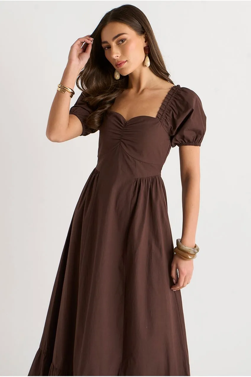 Gini London Brown Gypsy Puff abito midaxi marrone maniche