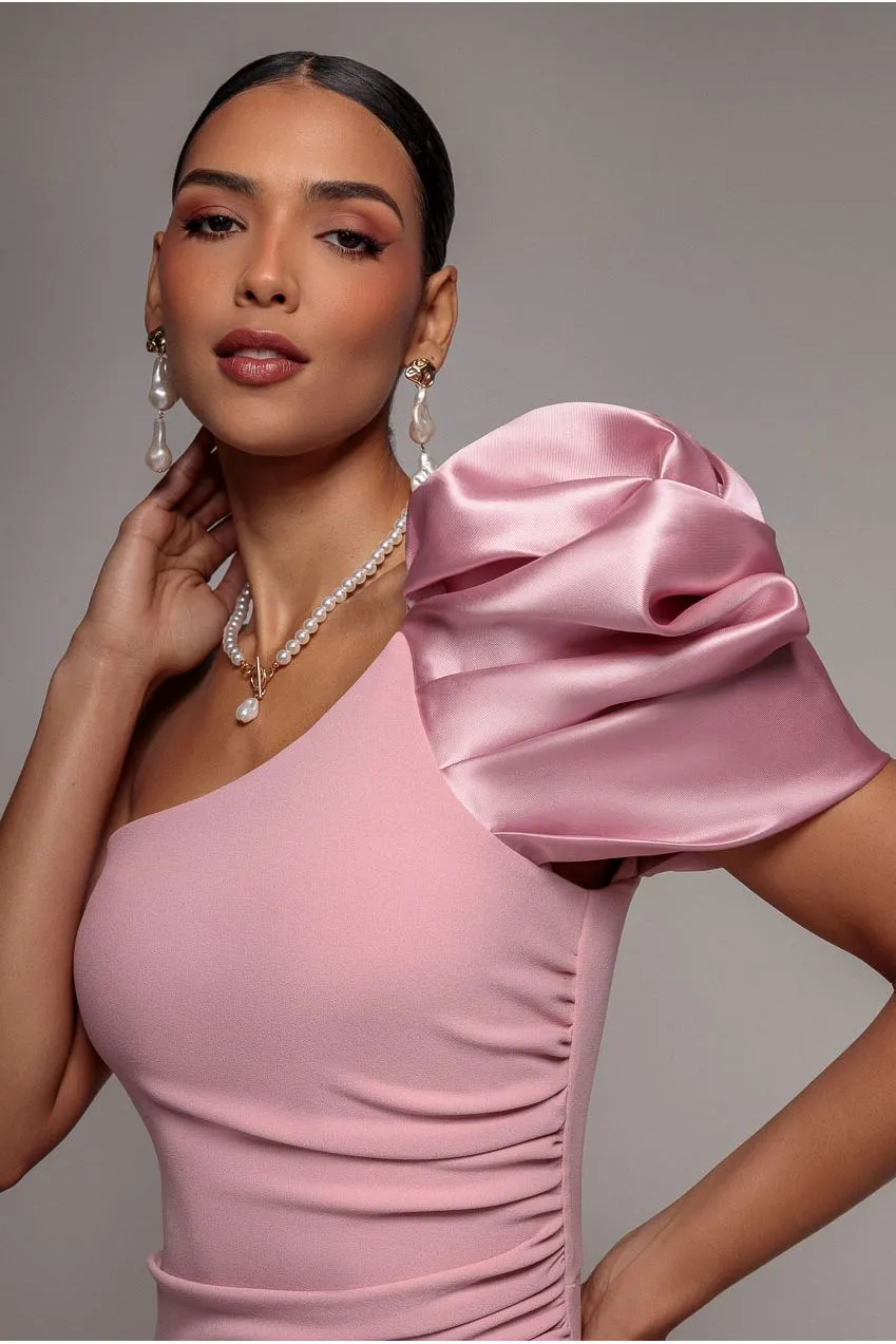 Goddiva One Shoulder abito maxi raso rosa blush sirena