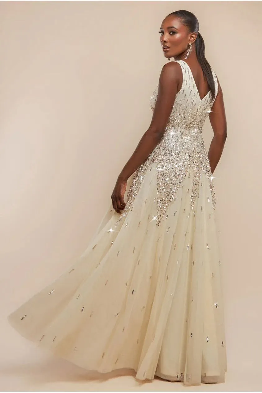 Goddiva Sunray abito lungo paillettes avorio