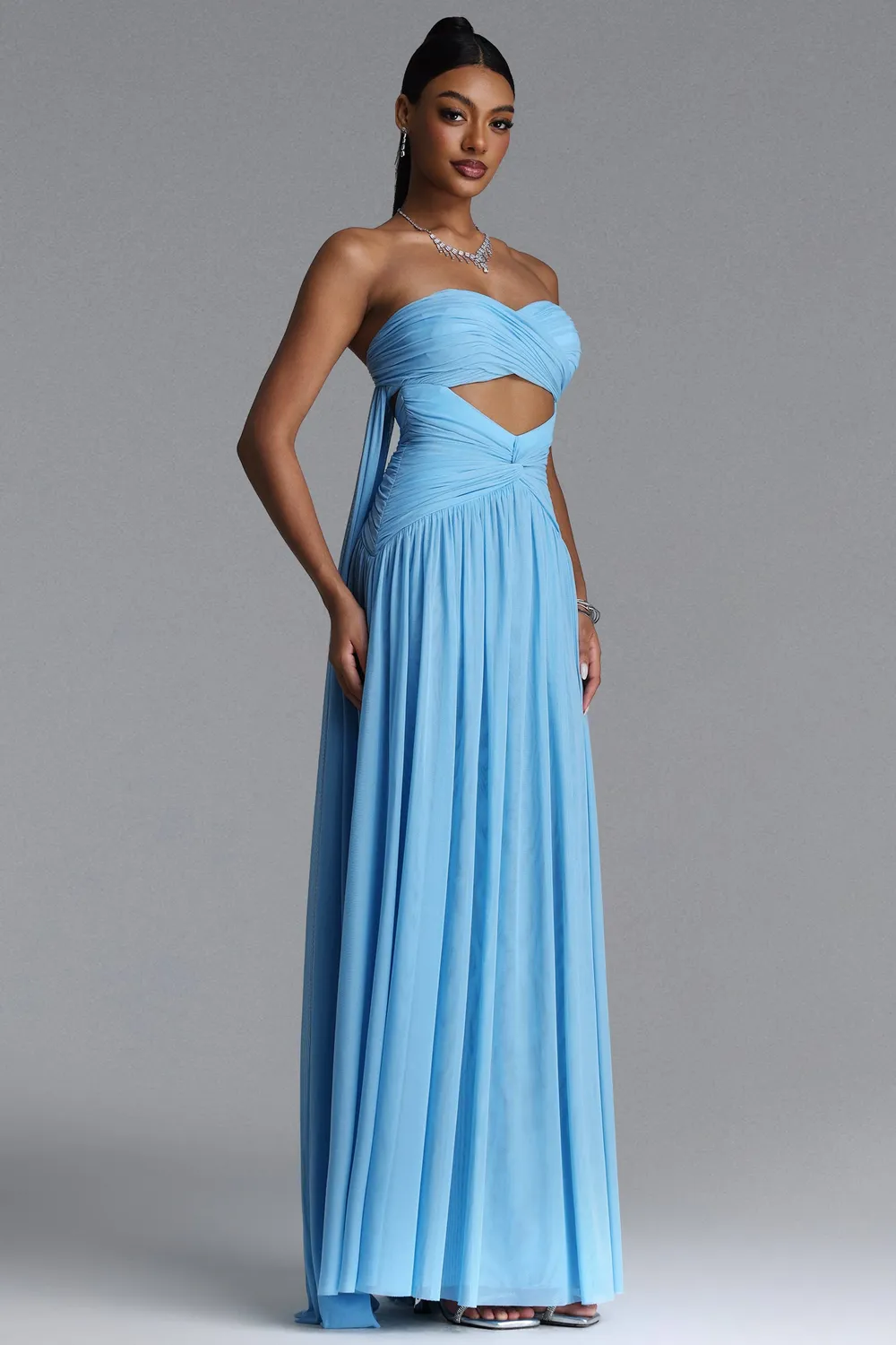 Bella Barnett Prunella abito maxi blu L drappeggiato