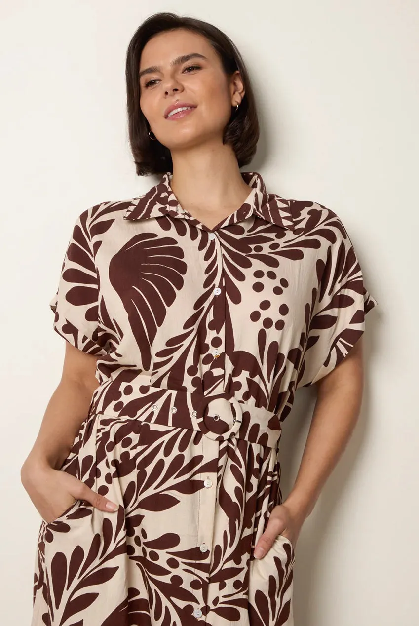 Blue Vanilla Tropical Leaf abito camicia midi cioccolato