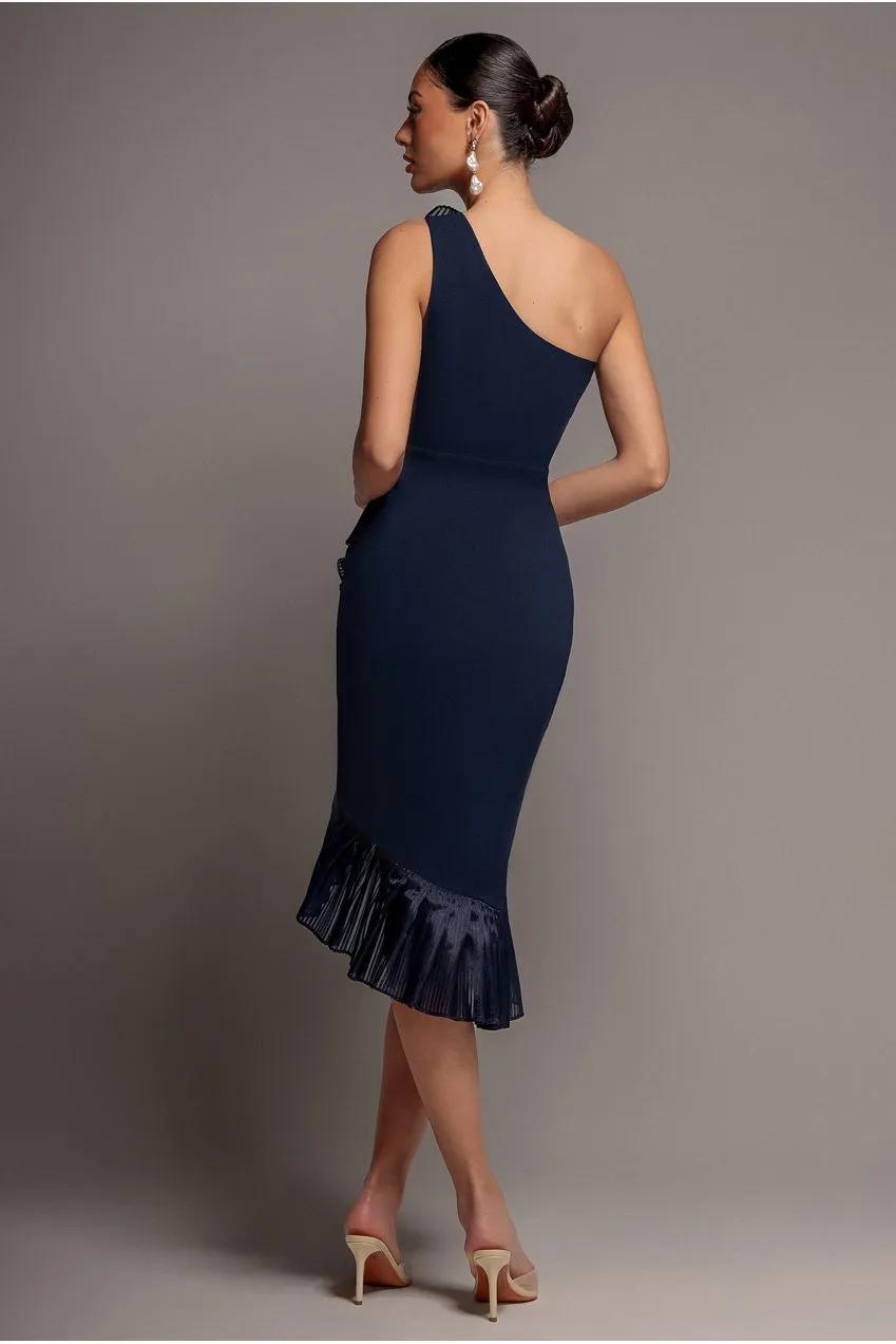 Goddiva One Shoulder Pleated Fan abito midi navy