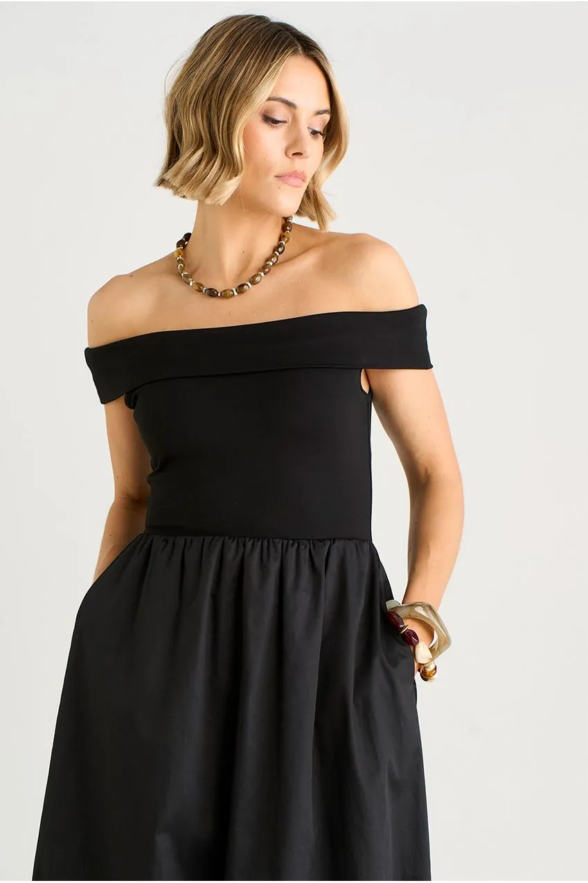 Gini London Black Bardot Jersey Mix abito midi nero
