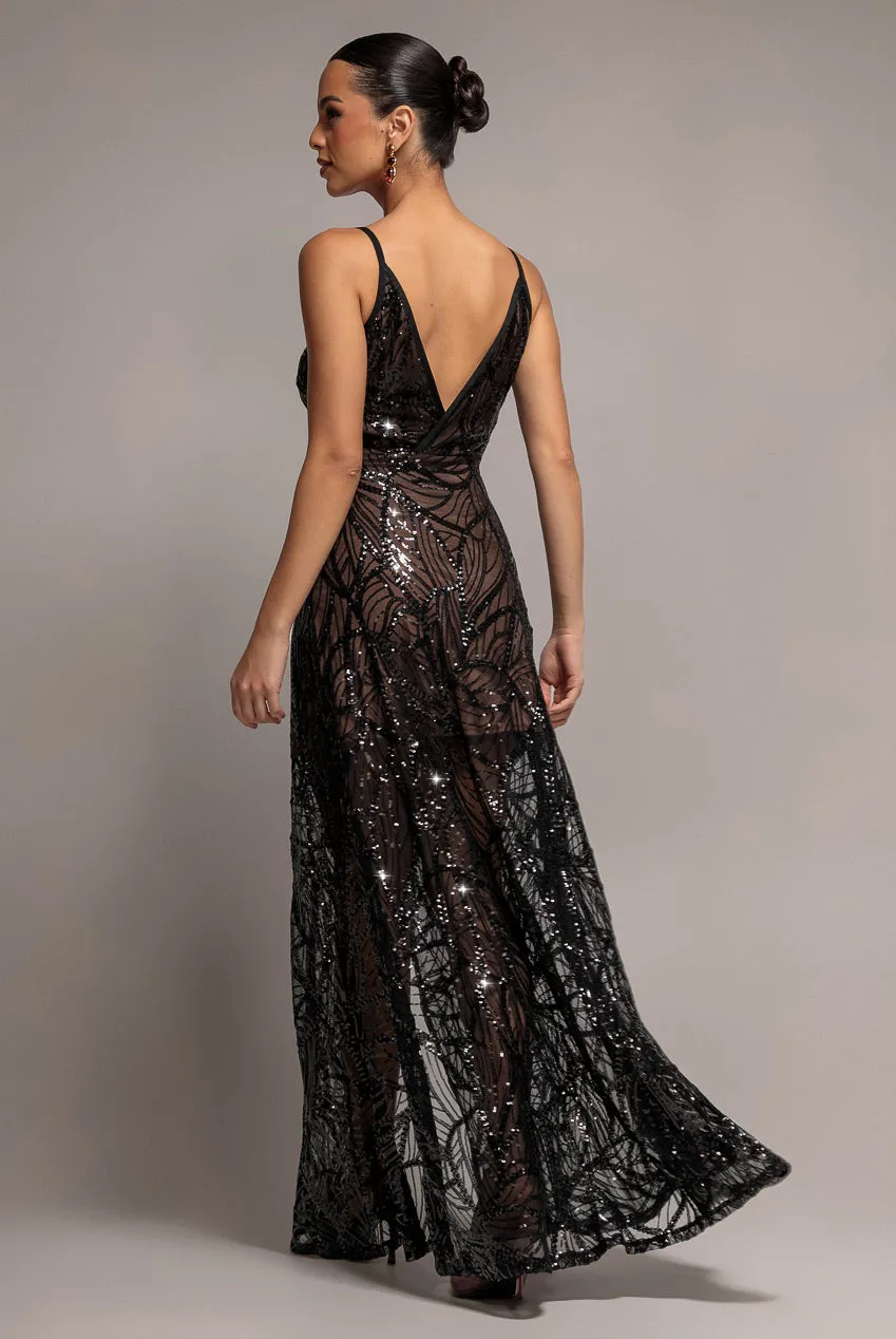 Goddiva paillettes iridescenti abito maxi nero spacco
