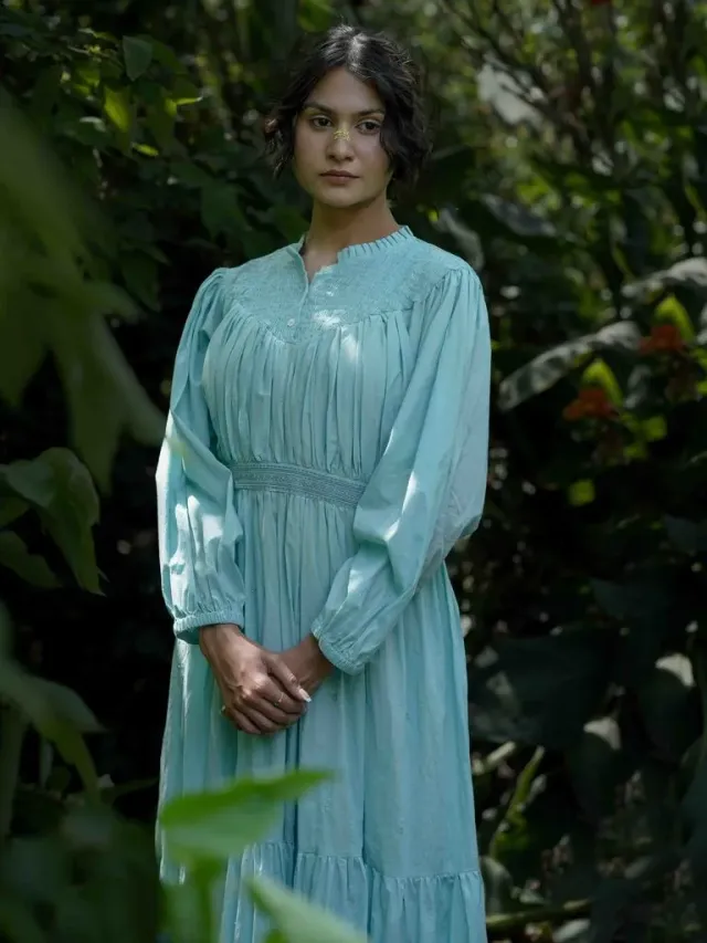 Our Dve Fae Haniel Dress abito lungo blu cotone