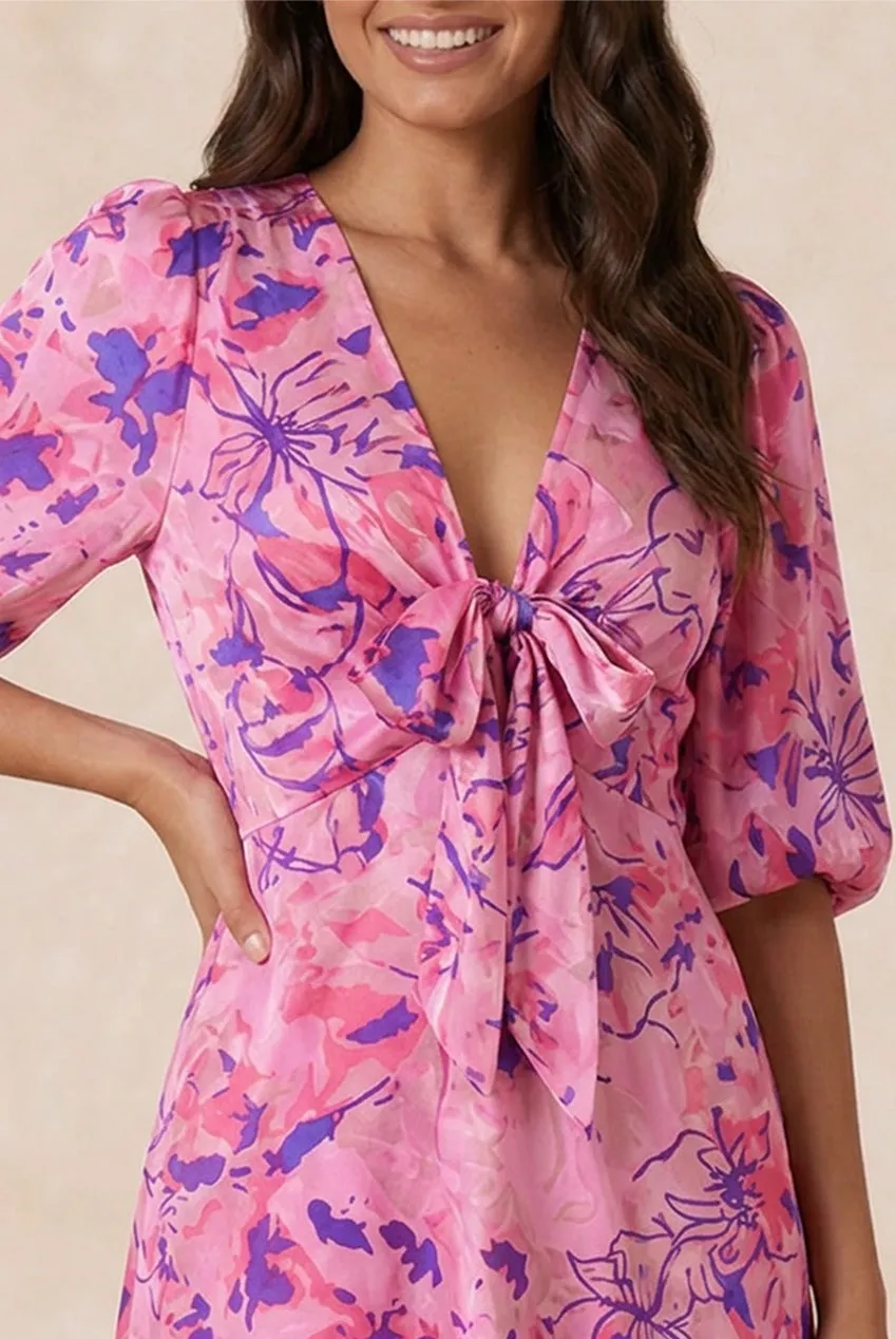 Chi Chi London Tie Front abito midi rosa fantasia