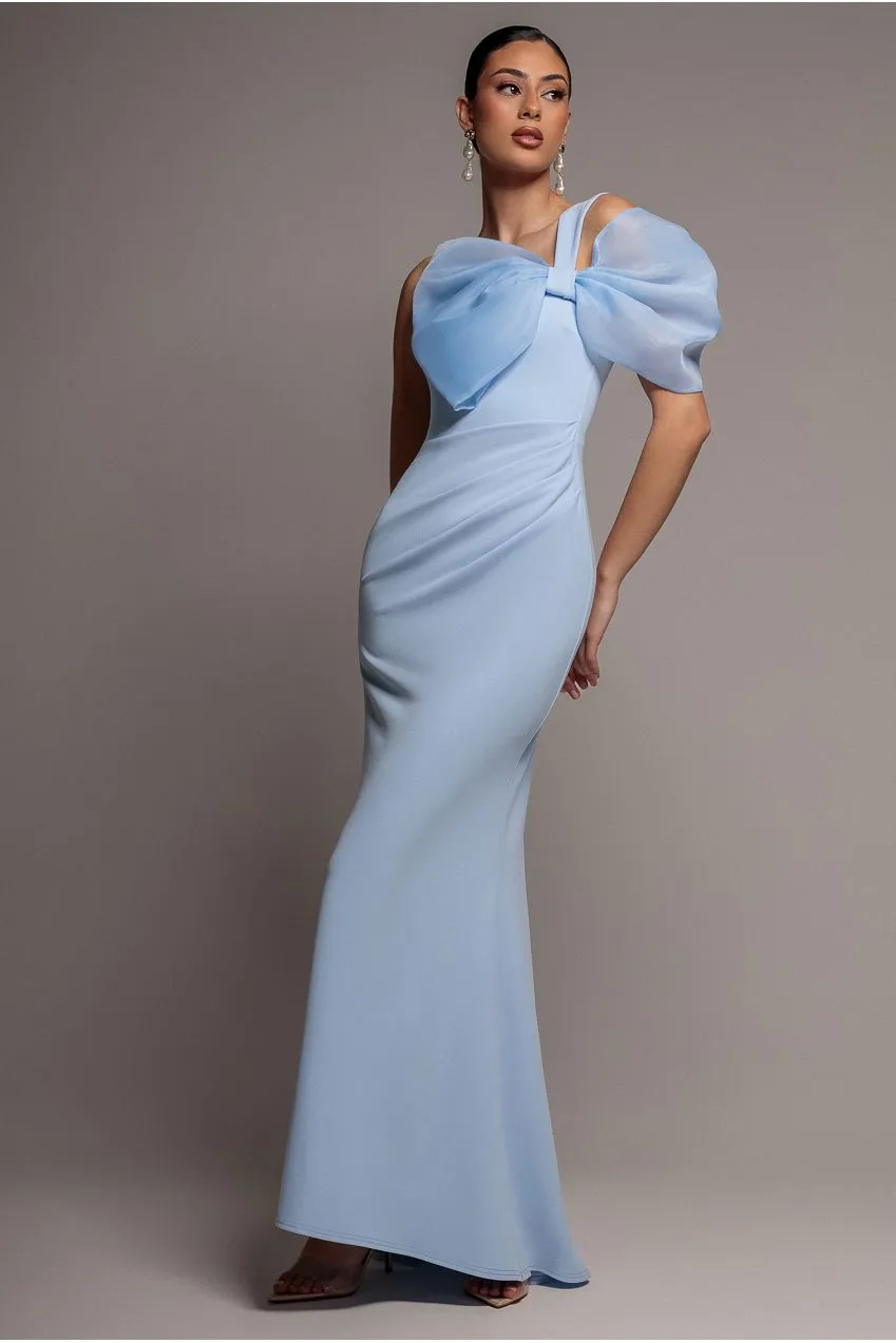 Goddiva Organza Bow abito maxi azzurro monospalla